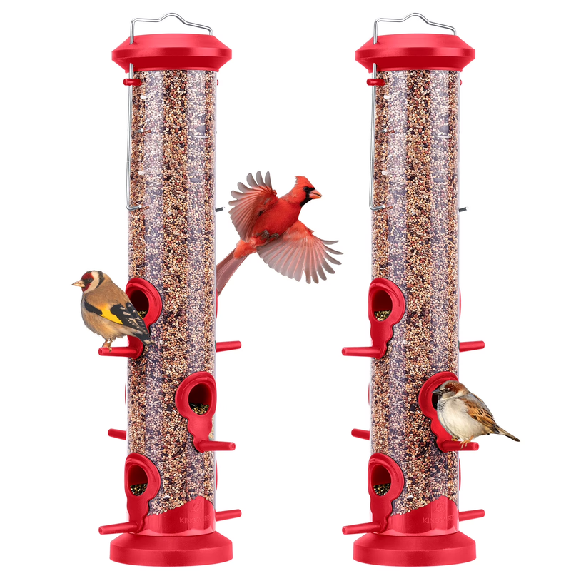 2-Pack Red Plastic Tube Bird Feeders, 6-Port Hanging Feeders for Outdoors8