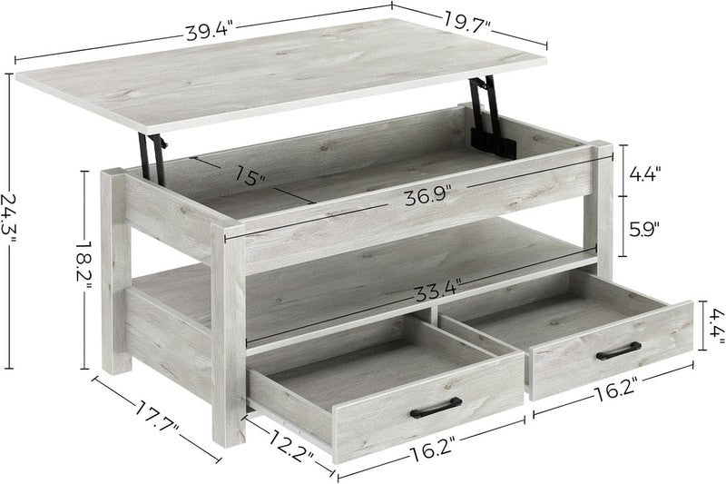 Lift Top Coffee Table w/ Drawers Hidden Compartment Wooden Table Grey2