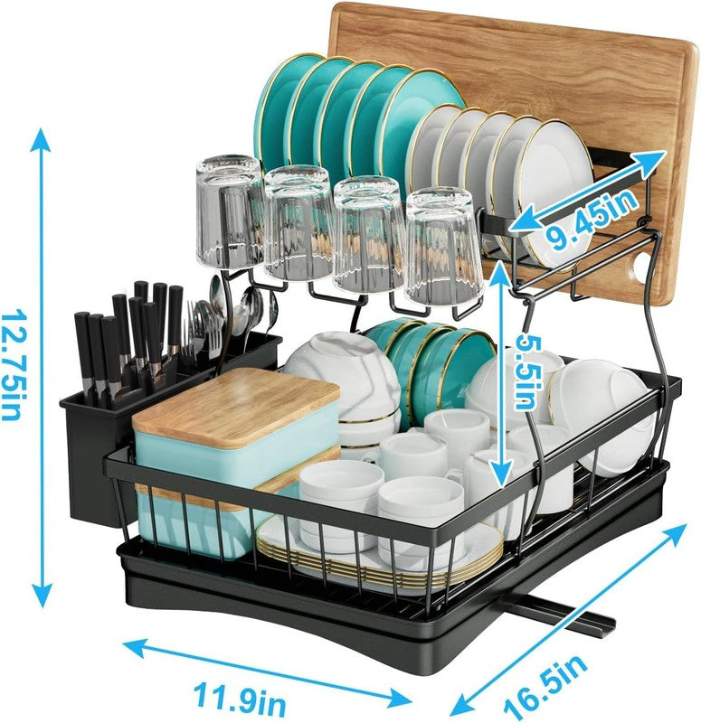2 Tier Large Dish Drying Rack with Utensil Holder   Black Kitchen Organizer2