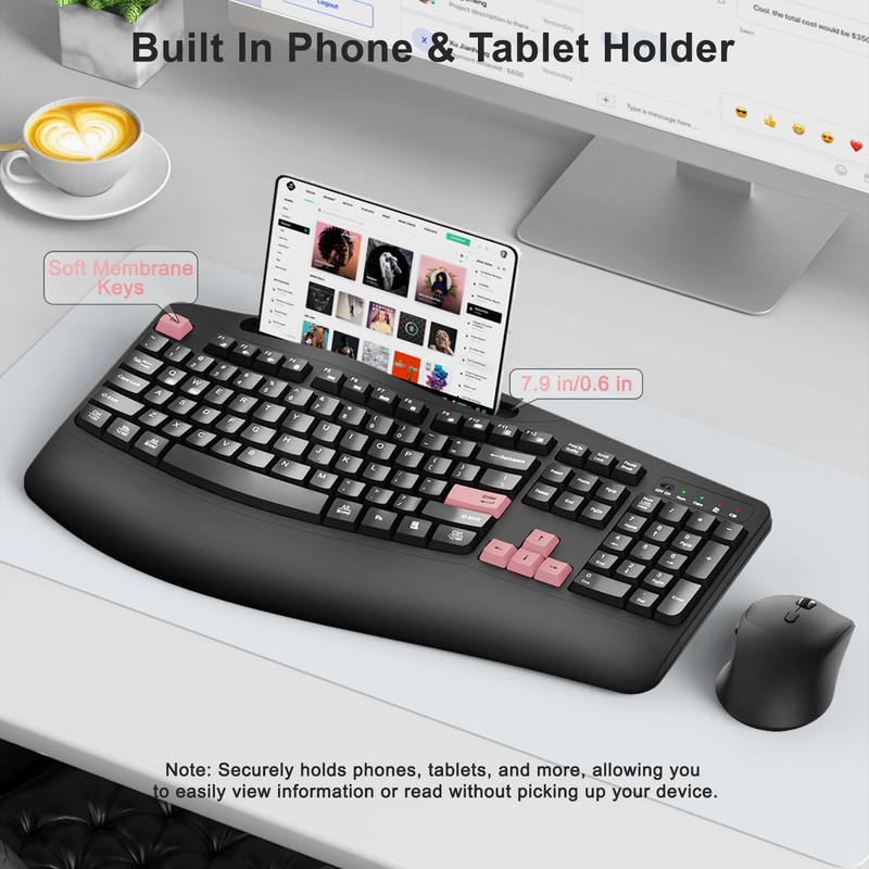 2.4G Wireless Keyboard and Mouse Combo Ergonomic Full Size Pink2