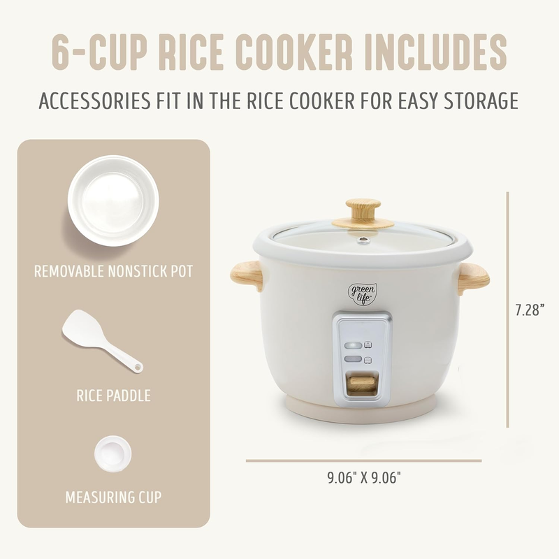 Rice Cooker with Removable Pfas Free Ceramic Nonstick Pot, 3 Cups Uncooked/6 Cup1