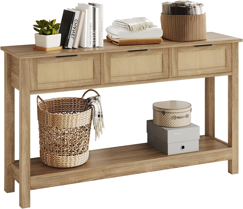 47'' Rattan Console Table Natural Boho Entryway Sofa Table 3 Drawer Storage0