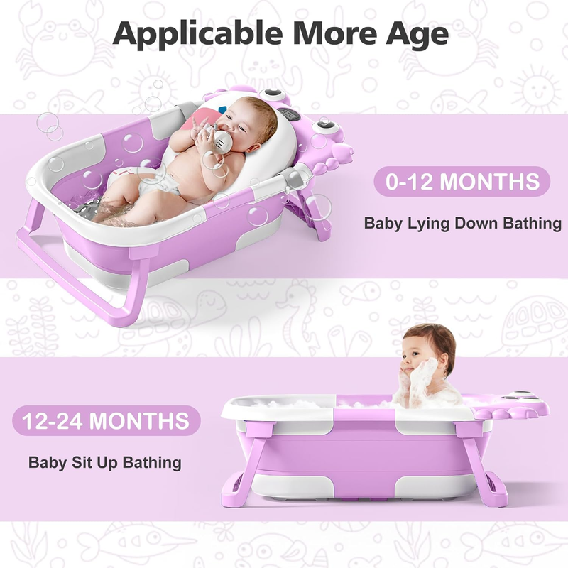 Collapsible Baby Bathtub Thermometer Soft Cushion Foldable Baby Tub 0 36M Purple3