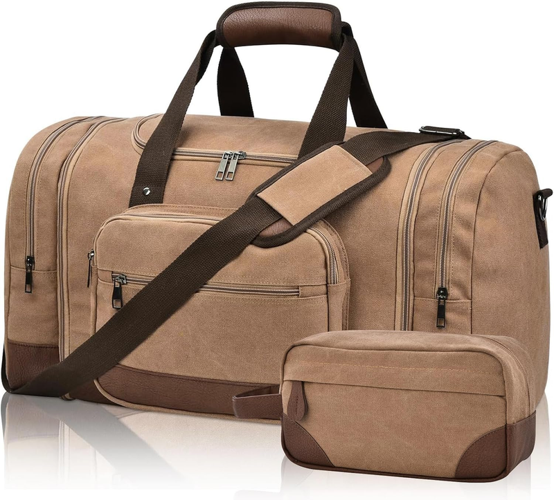 50L Canvas Duffle Bag Coffee w/ Toiletry Bag Travel Gym Weekender Carry On9