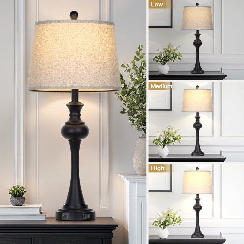 Set of 2 3 Way Dimmable Tall Table Lamps USB A+C Ports AC Outlet Industrial Blac1