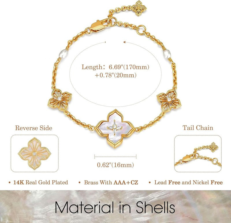 14K Gold Plated Pearl Clover Bracelet Women 2-Sided Flower Charm5