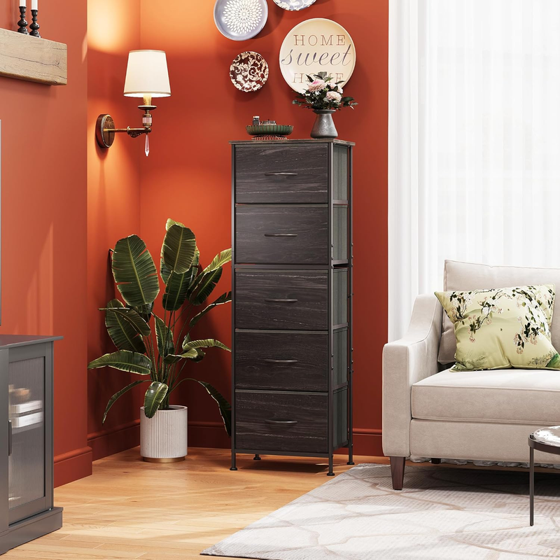 5 Drawer Fabric Dresser Storage Tower Steel Frame Wood Top Black1