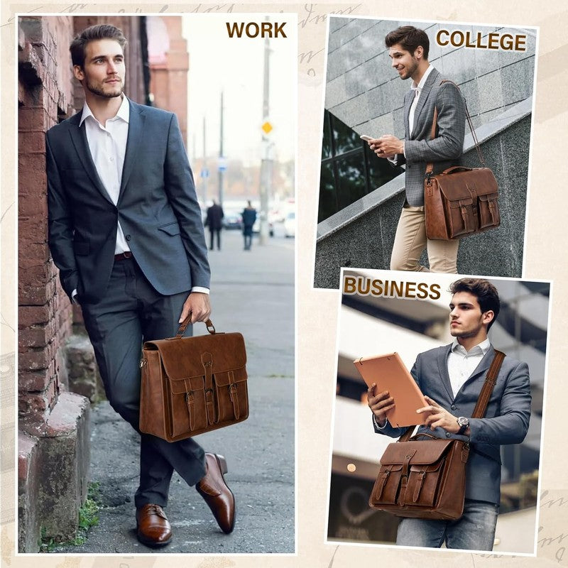 Messenger Bag Men 15.6 Inch Leather Vintage Laptop Waterproof Satchel Brown1