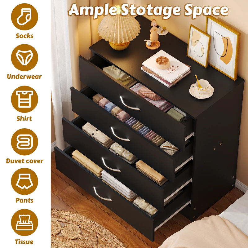 Black Chest of Drawers Dresser Wood Organizer Cabinet, 4 Drawer Nightstand Side8