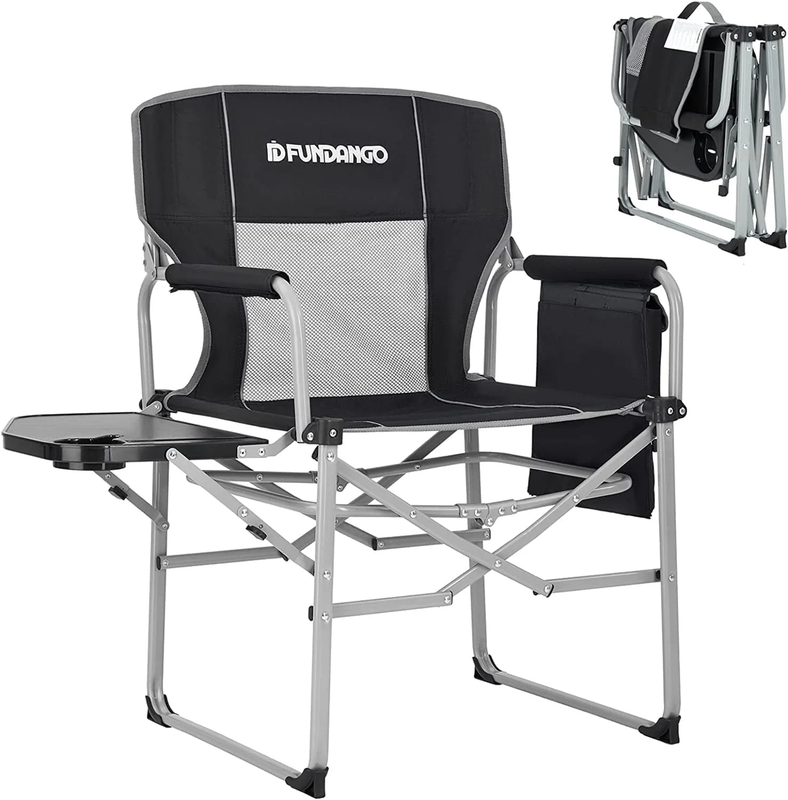 Black Heavy Duty Directors Chair with Side Table for Camping, Portable Folding C10