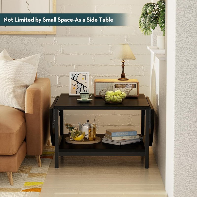 Black 2 Tier Foldable Coffee Table with Storage, Modern Living Room Table6