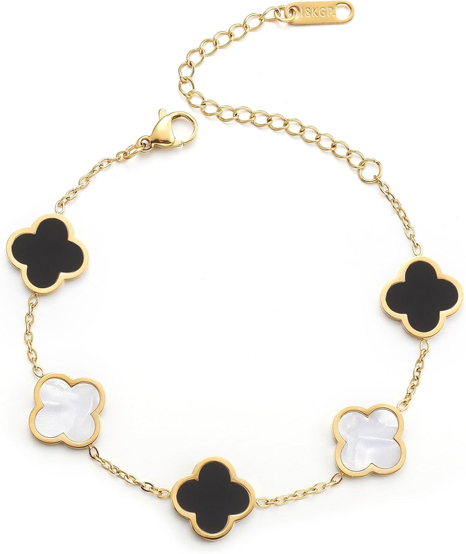 18K Gold Plated Clover Bracelet Women 4-Leaf Flower White Black8
