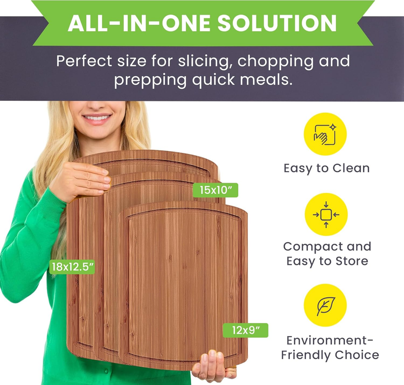 Organic Wooden Cutting Boards for Kitchen with Lifetime Replacements - 3Pc Set N1