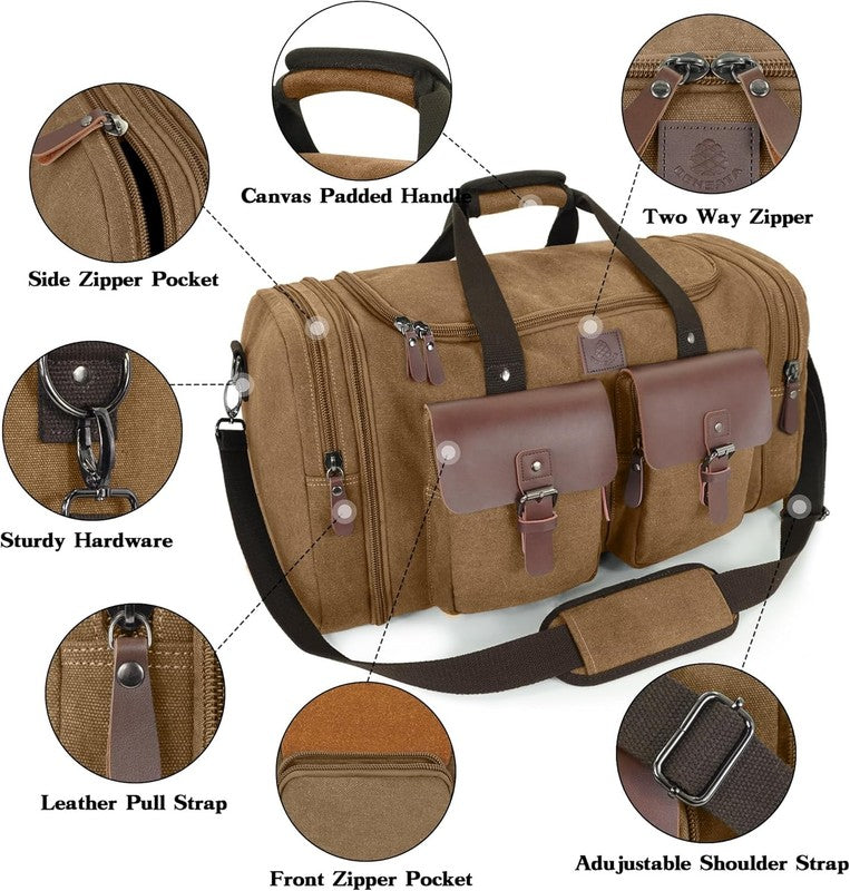50L Canvas Travel Duffle Bag Expandable Leather Overnight Carry On Coffee2