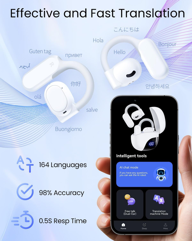 AI Translator Earbuds 164 Languages Bluetooth 80H Playtime White K085