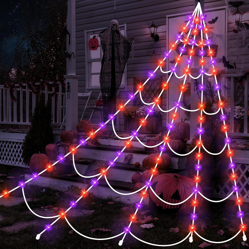 Halloween Spider Web Lights 150 LED, 16.4FT, 8 Modes, Purple/Orange, Outdoor0