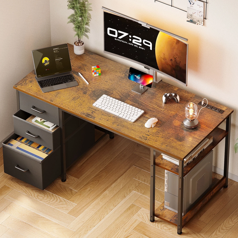 51 Inch Computer Desk with File Drawers & USB Power Outlets- Reversible Home Off10
