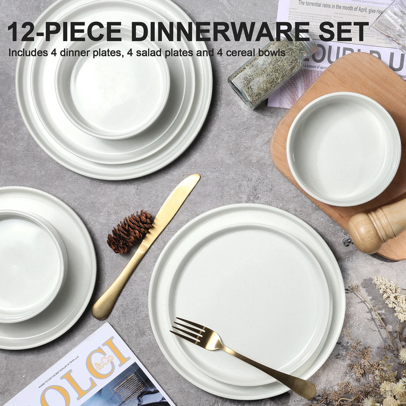 12Pc Stoneware Dinnerware Set for 4 Ribbed Plates Bowls Speckled White1