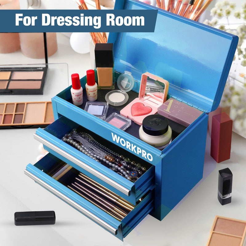 Mini Metal Tool Box with 2 Drawers and Top Storage, Small Tool Chest with PVC Li4