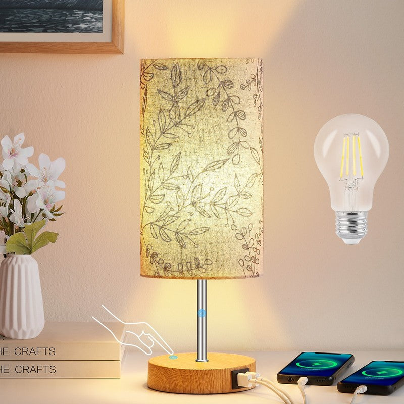 15" 3 Way Dimmable Table Lamp w/ USB Leaf Print Touch Control Bedside Lamp0