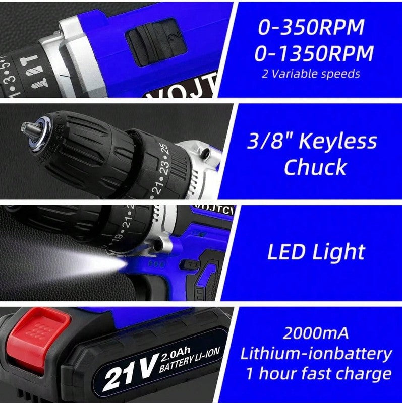 21V Cordless Drill Power Tool Set 25+1 Torque 2-Speed Electric Drill Blue2
