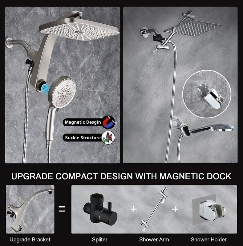 High Pressure Rain Shower Head w/ Handheld 10-Spray Combo Detachable Jets Silver4