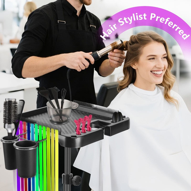 Salon Rolling Tray on Wheels, Hairstylist Tray with Storage Platform and Hair Se4