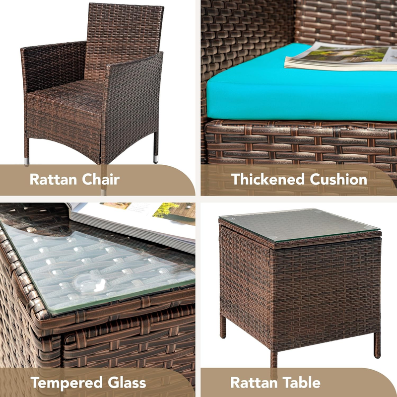 3 Piece Patio Furniture Set PE Rattan Table Outdoor Set Brown Blue Patio Porch6