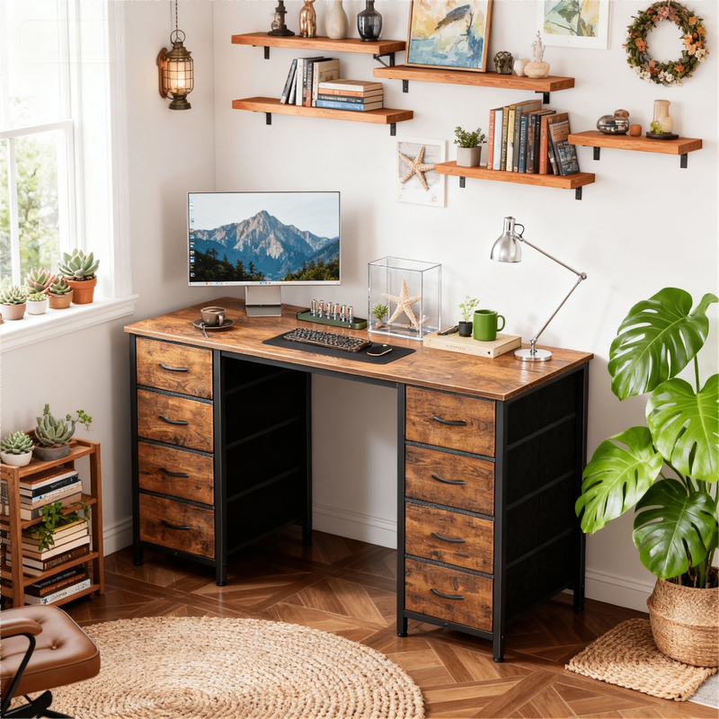 47 Inch Computer Desk with 8 Fabric Drawers, Home Office Desk Workstation for St3
