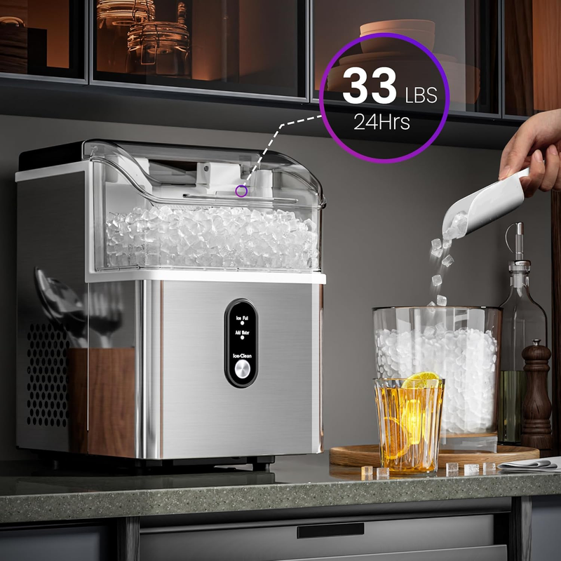 Portable Nugget Ice Maker Countertop, 33 Lbs/Day Pebble Ice Machine with Self-Cl1