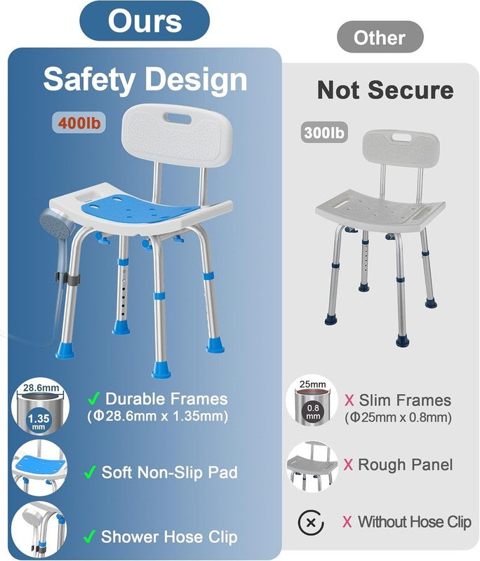 Heavy Duty Shower Chair 400lb Bath Seat w/ Back for Seniors Disabled5