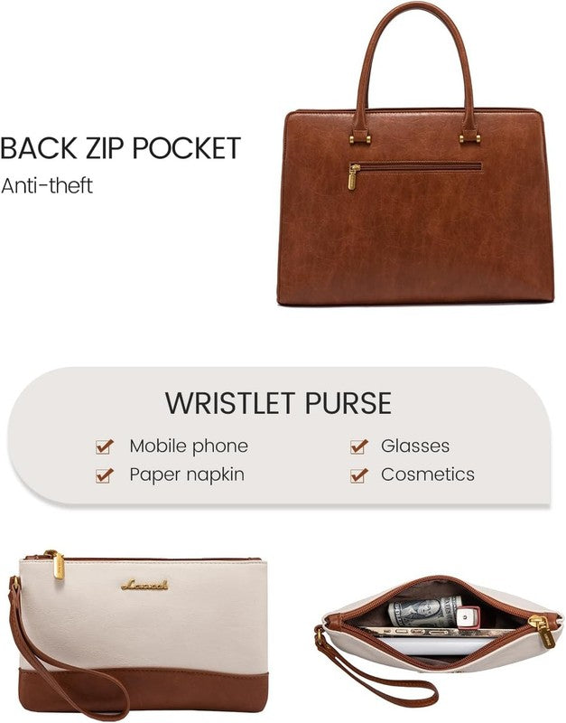 15.6" Laptop Bag for Women Vintage Leather Waterproof Tote Briefcase Brown-Beige7