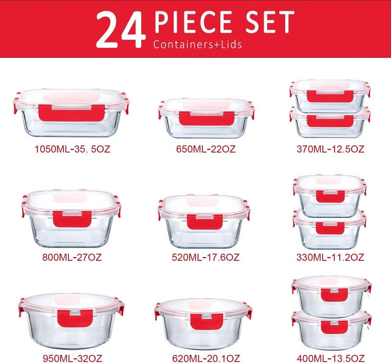 24 Piece Glass Meal Prep Containers Airtight Locking Lids Red1