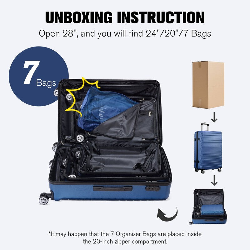 3 Piece Luggage Sets Travel Suitcase Set with 7PCS Organizer Bags, Navy Blue5