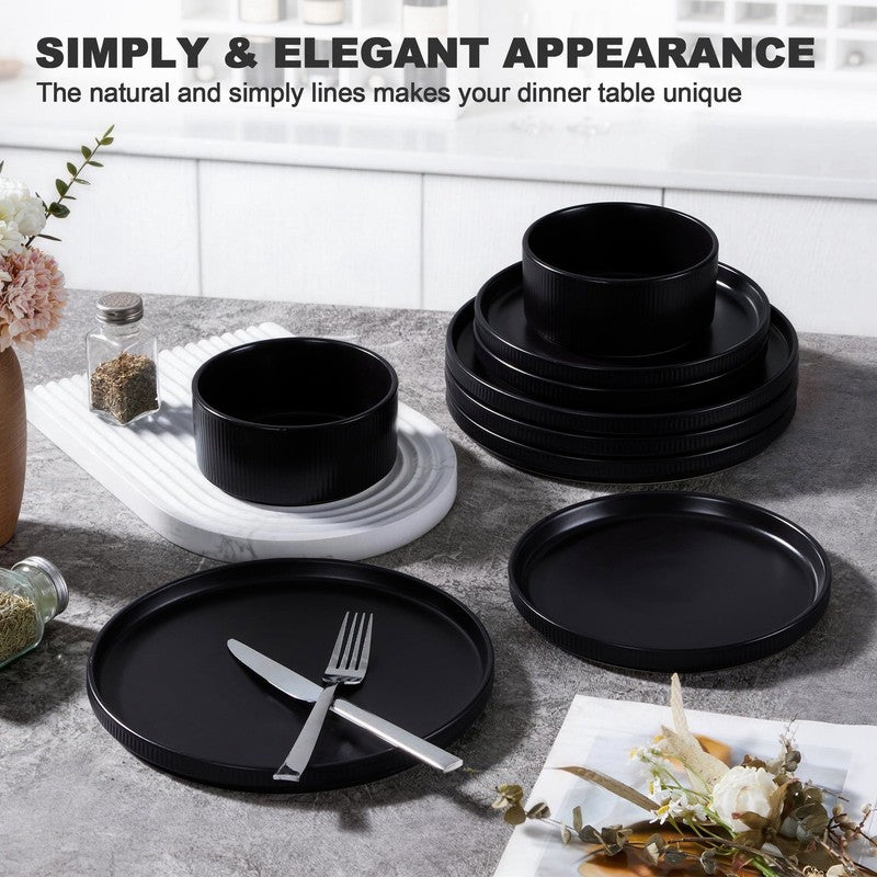Dinnerware Set for 4, 12 Piece Premium Stoneware Ribbed Dishes, Chip & Scratch R5