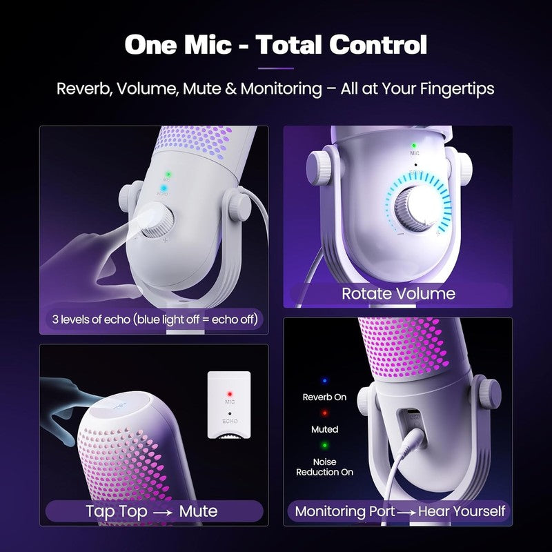 USB RGB Condenser Microphone for PC Gaming with Stand & Quick Mute White3