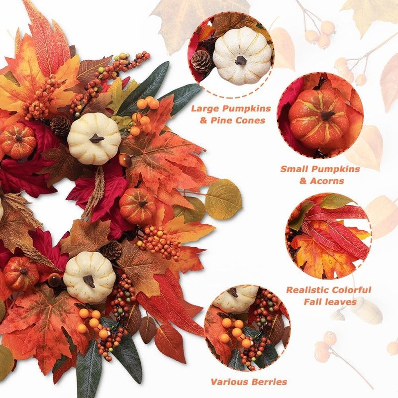 21" Fall Wreath Thanksgiving Pumpkin Maple Leaves Autumn Door Decor3
