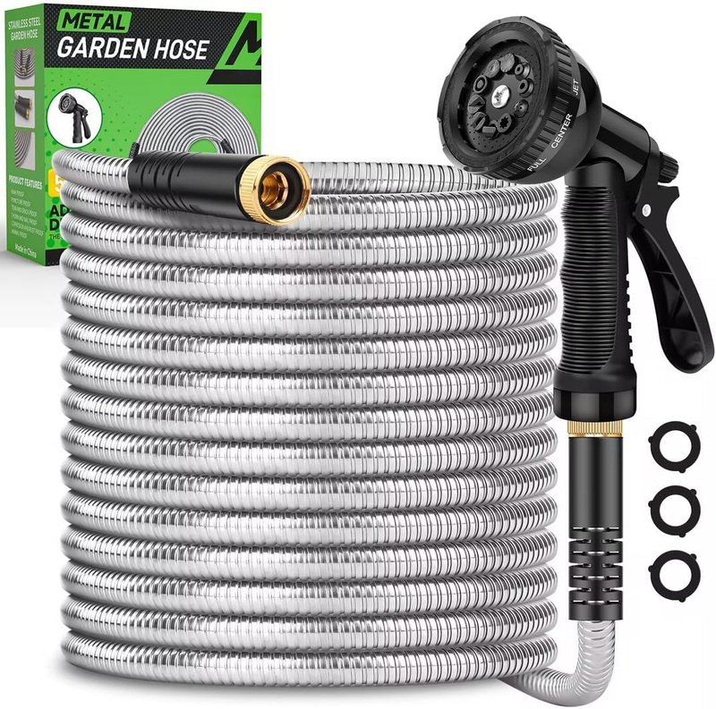 50Ft Heavy Duty Stainless Steel Garden Hose with 10 Nozzles, No Kink0