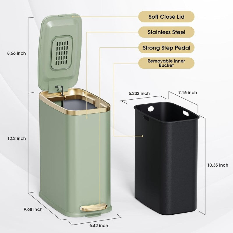 5L Bathroom Trash Can with Lid, Slim Step Waste Bin, Soft Close, Green4