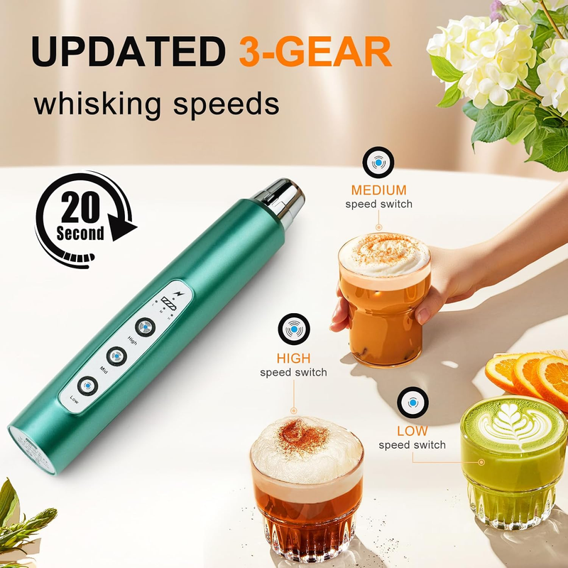 Milk Frother Handheld Rechargeable 3 Speed 3 Heads Coffee Whisk Green2