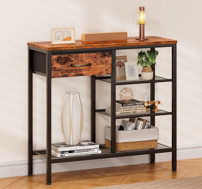 Entryway Industrial Console Table 31.5" Sofa Table Metal Mesh Rustic Brown1