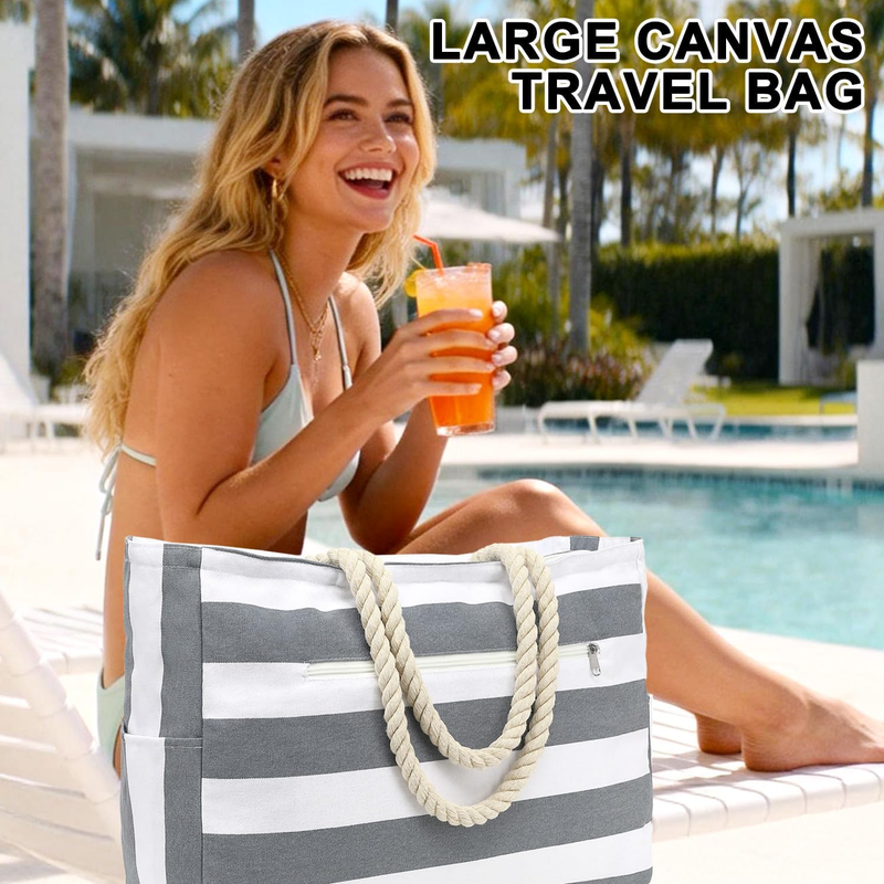 Large Waterproof Beach Tote Bag Sandproof Canvas Pool Bag Wet Pocket1