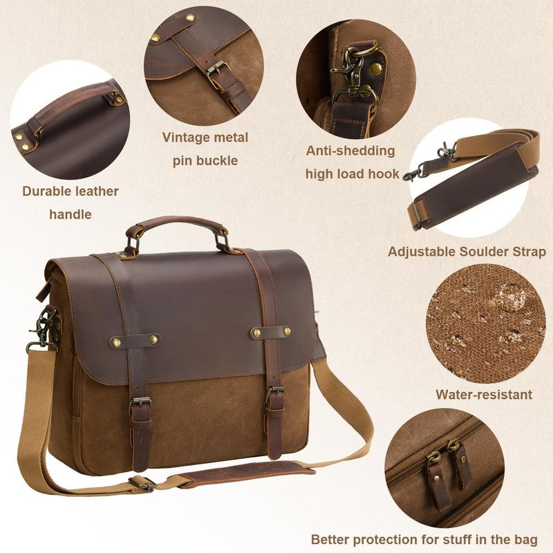 Mens Waxed Canvas Messenger Bag 16 Laptop Briefcase Leather Waterproof Satchel3