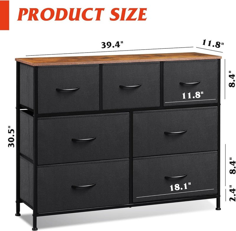 7 Drawer TV Stand Dresser Black & Rustic Brown Metal Frame Wood Top Storage2