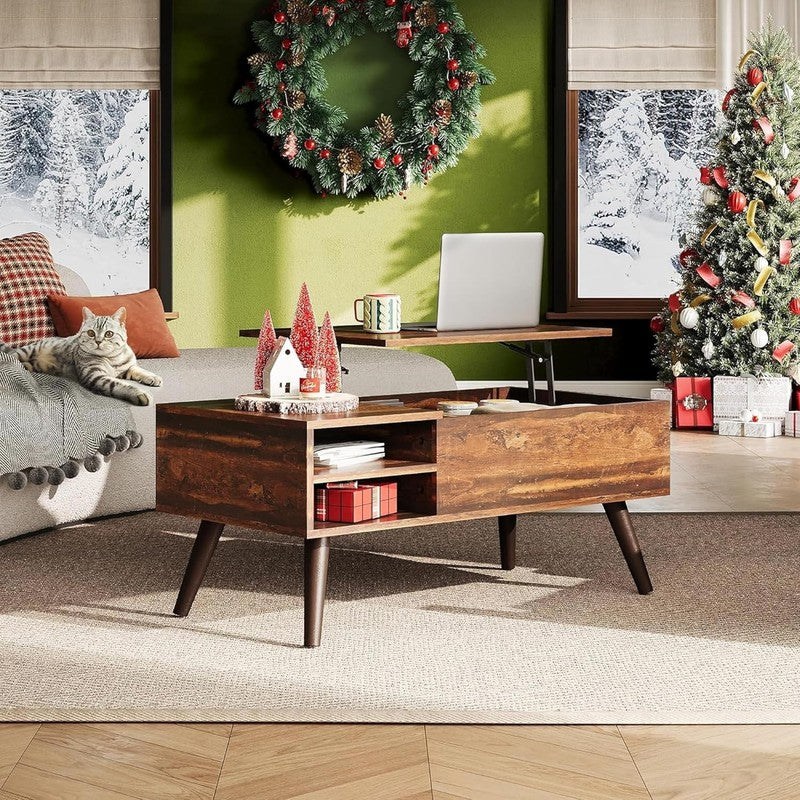 Lift Top Coffee Table w/ Storage Adjustable Shelf Mid Century Rustic Brown1