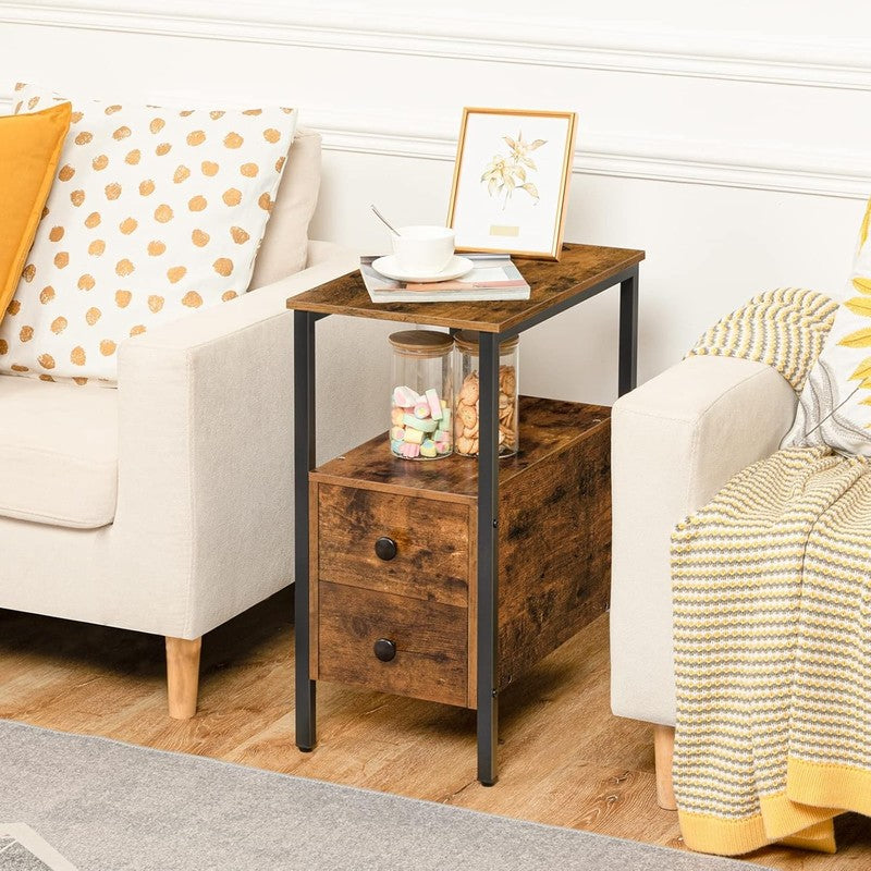 End Table Narrow Chairside Table with Drawer & Shelf Rustic Brown Black3