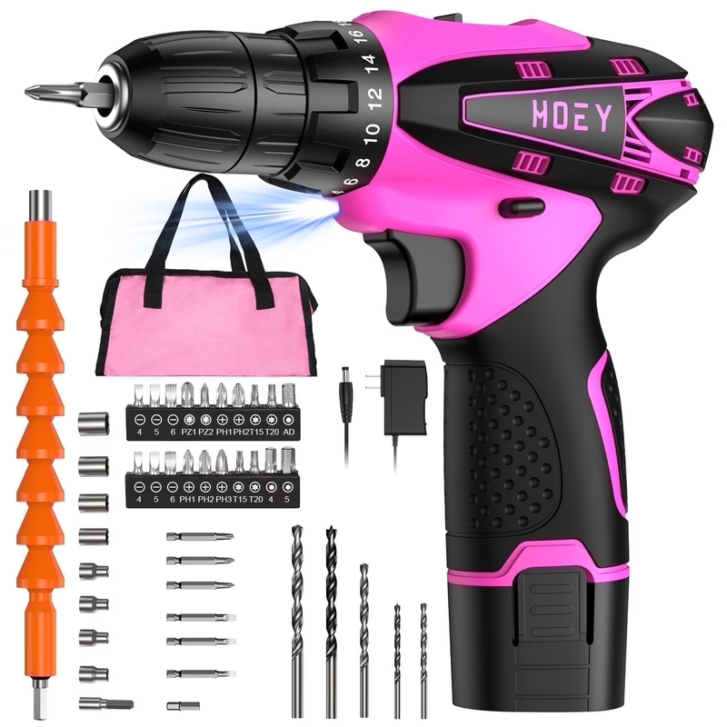 Pink 12V Cordless Drill Set Electric Screwdriver 1 Battery & Charger w/ Bag8
