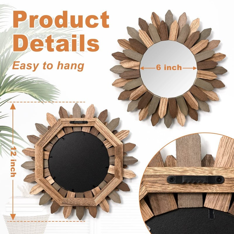 Boho Wall Decor 12 Inch Decorative Mirror with Rustic Wood Sunburst Frame, Perfe6