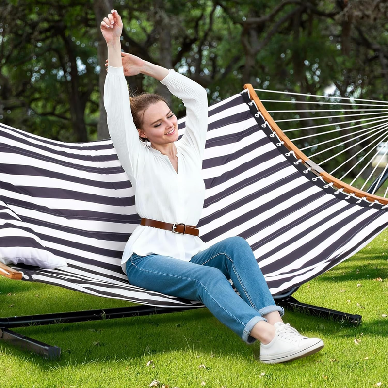 Extra Large Hammock w/ Stand Double Curved Spreader Bar Carry Bag Black1