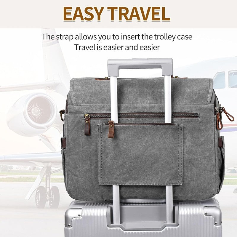 Men's 15.6" Vintage Canvas Leather Laptop Messenger Bag Light Gray Satchel5